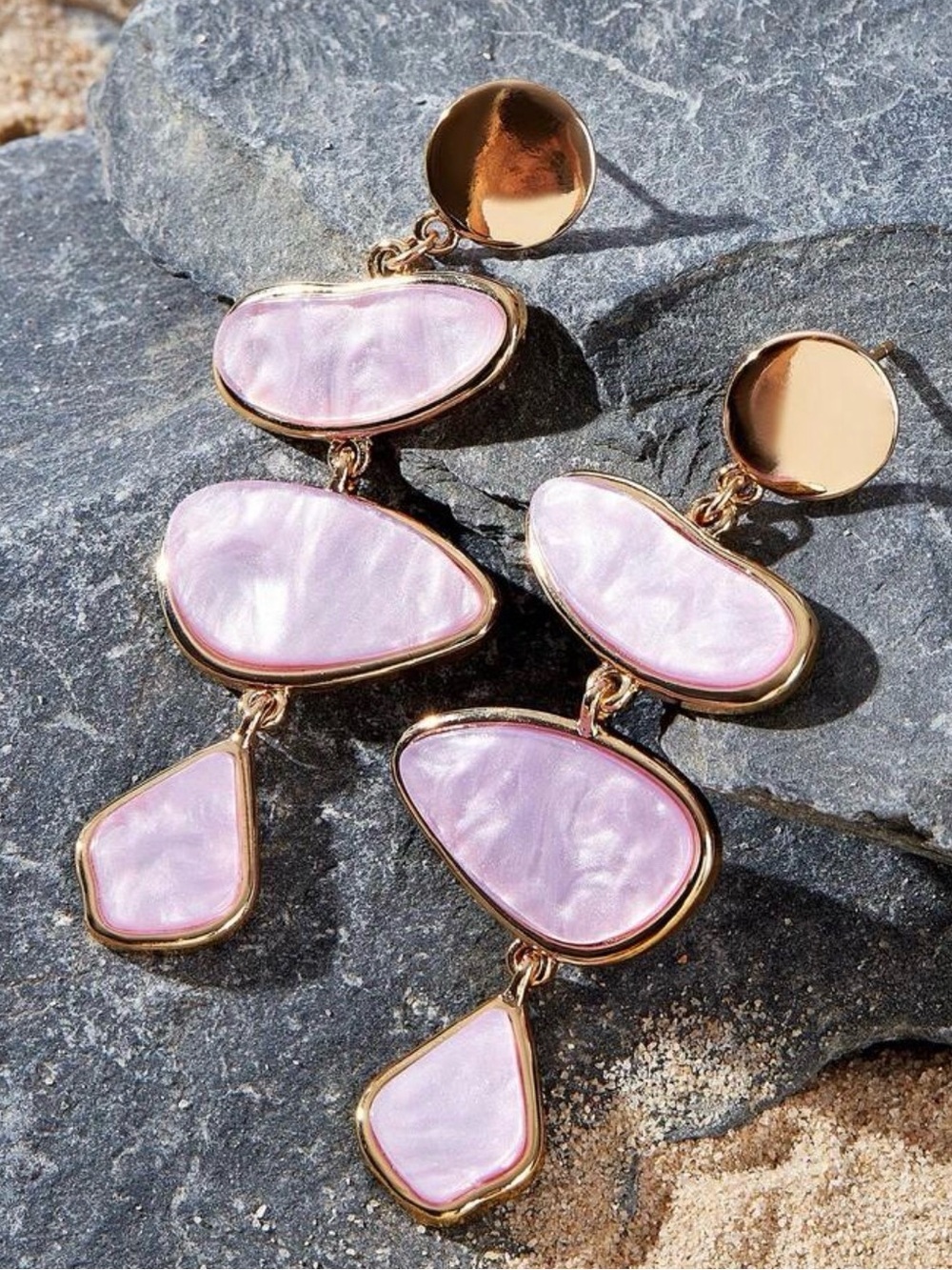 Gold-Tone Earrings with Pearlescent Pink Drops